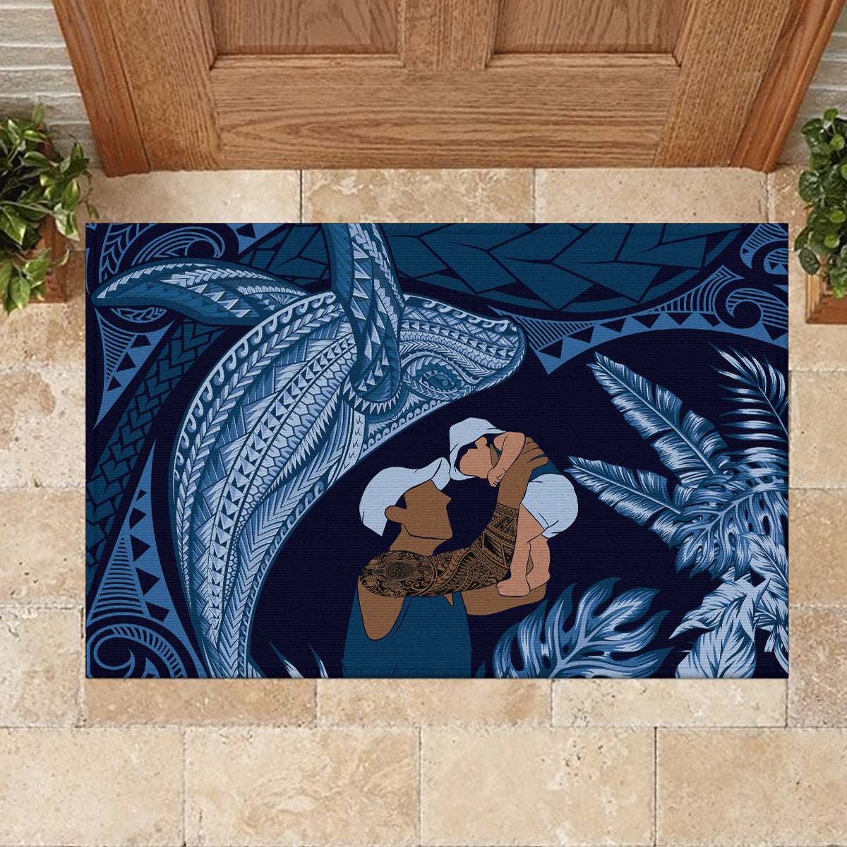 Father's Day Polynesian Pattern Rubber Doormat Tropical Humpback Whale - Navy