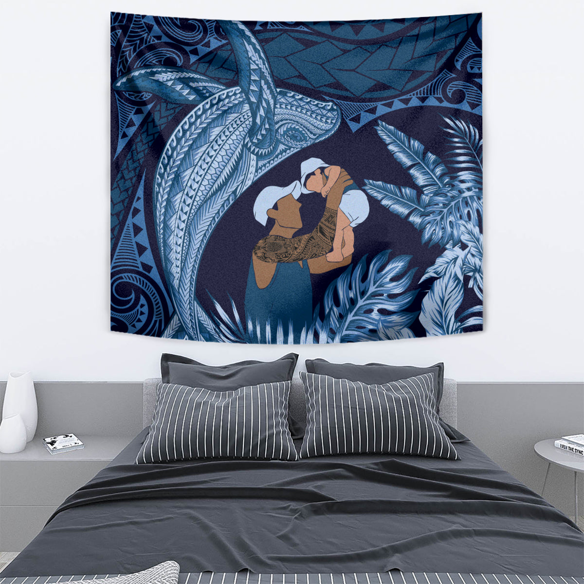 Father's Day Polynesian Pattern Tapestry Tropical Humpback Whale - Navy