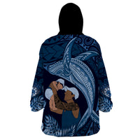 Father's Day Polynesian Pattern Wearable Blanket Hoodie Tropical Humpback Whale - Navy