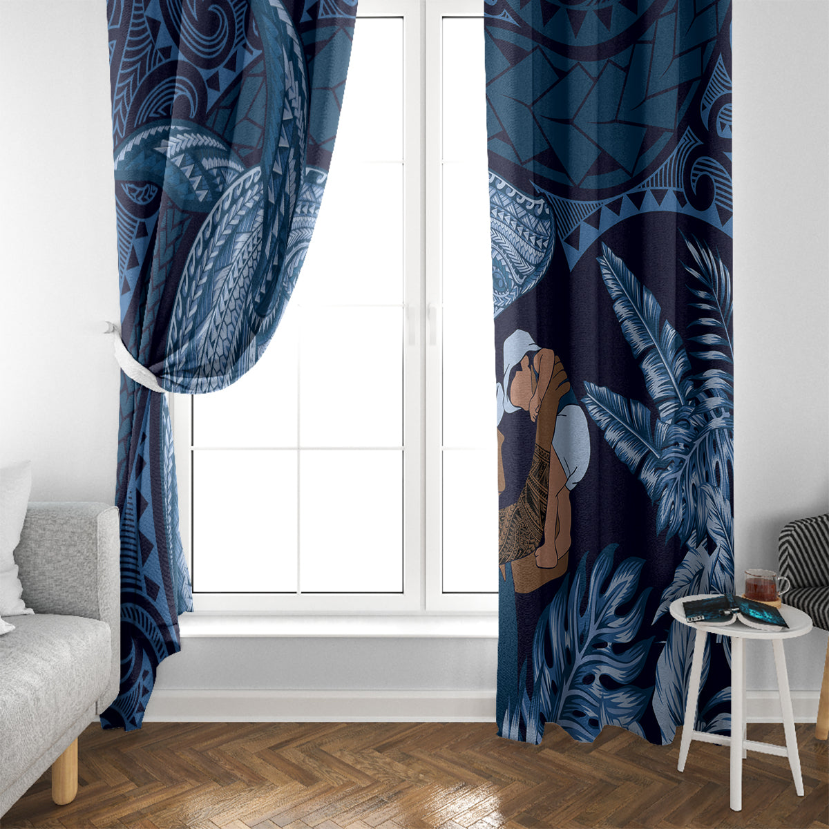 Father's Day Polynesian Pattern Window Curtain Tropical Humpback Whale - Navy