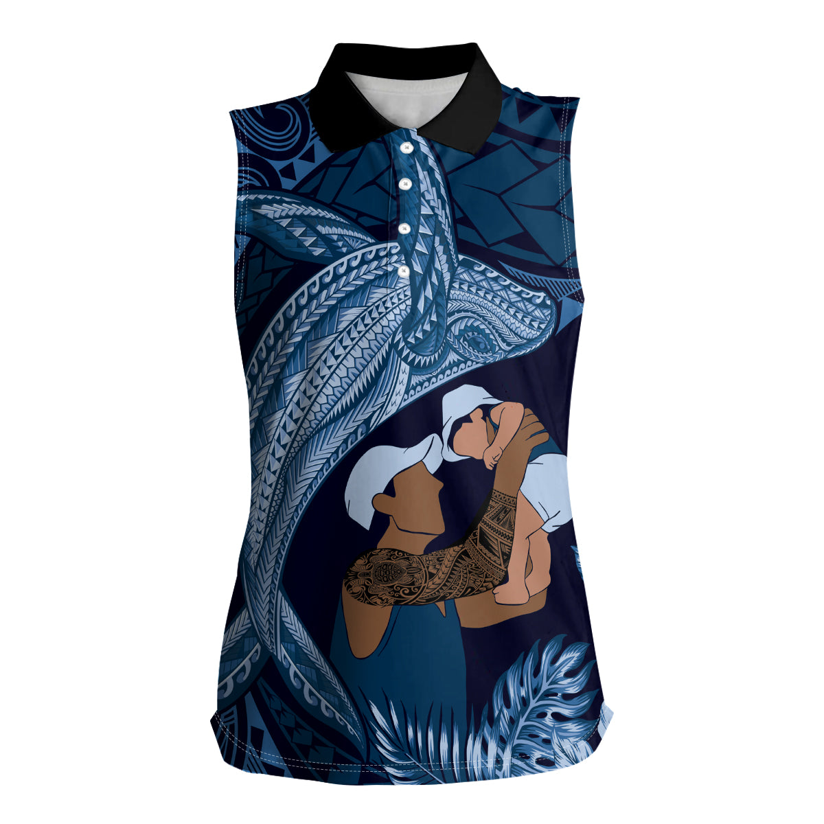 Father's Day Polynesian Pattern Women Sleeveless Polo Shirt Tropical Humpback Whale - Navy