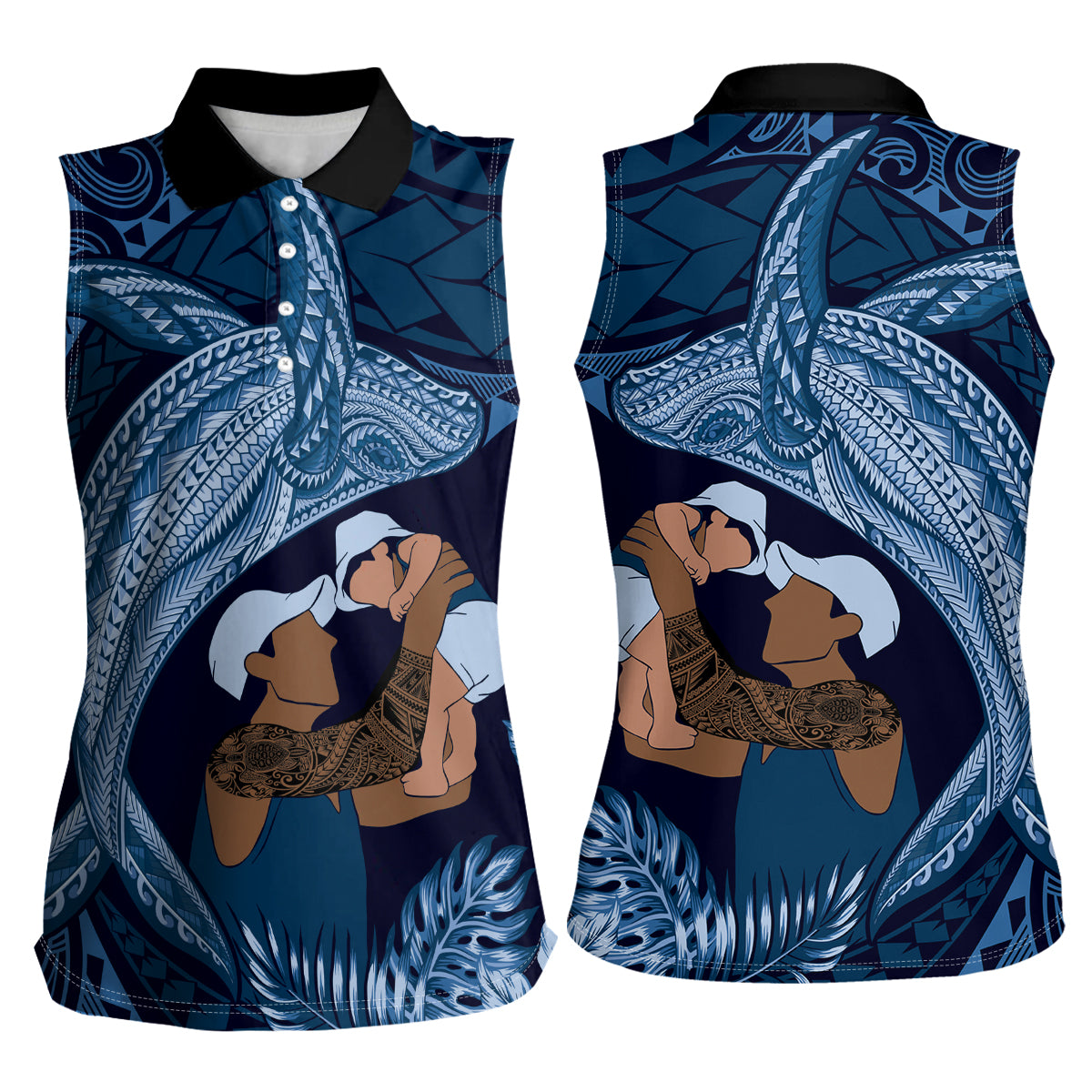 Father's Day Polynesian Pattern Women Sleeveless Polo Shirt Tropical Humpback Whale - Navy