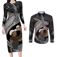 Father's Day Polynesian Pattern Couples Matching Long Sleeve Bodycon Dress and Long Sleeve Button Shirt Tropical Humpback Whale - Black