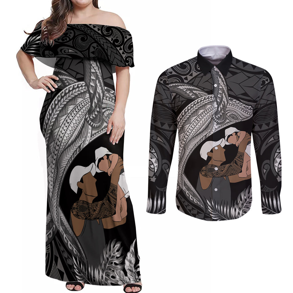 Father's Day Polynesian Pattern Couples Matching Off Shoulder Maxi Dress and Long Sleeve Button Shirt Tropical Humpback Whale - Black