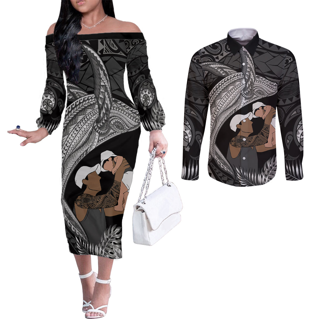 Father's Day Polynesian Pattern Couples Matching Off The Shoulder Long Sleeve Dress and Long Sleeve Button Shirt Tropical Humpback Whale - Black