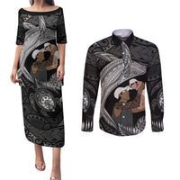 Father's Day Polynesian Pattern Couples Matching Puletasi and Long Sleeve Button Shirt Tropical Humpback Whale - Black