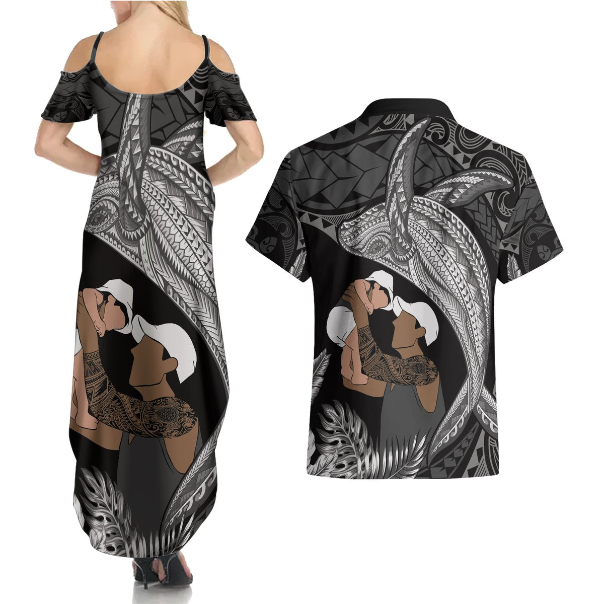 Father's Day Polynesian Pattern Couples Matching Summer Maxi Dress and Hawaiian Shirt Tropical Humpback Whale - Black