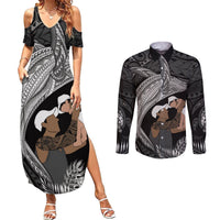 Father's Day Polynesian Pattern Couples Matching Summer Maxi Dress and Long Sleeve Button Shirt Tropical Humpback Whale - Black