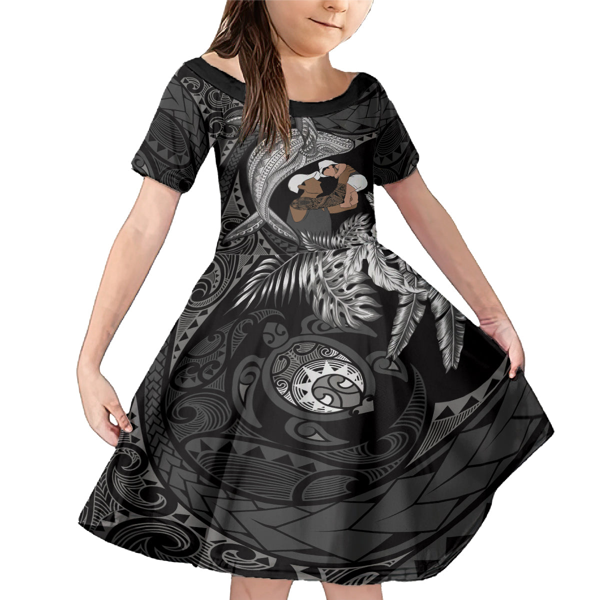 Father's Day Polynesian Pattern Family Matching Mermaid Dress and Hawaiian Shirt Tropical Humpback Whale - Black