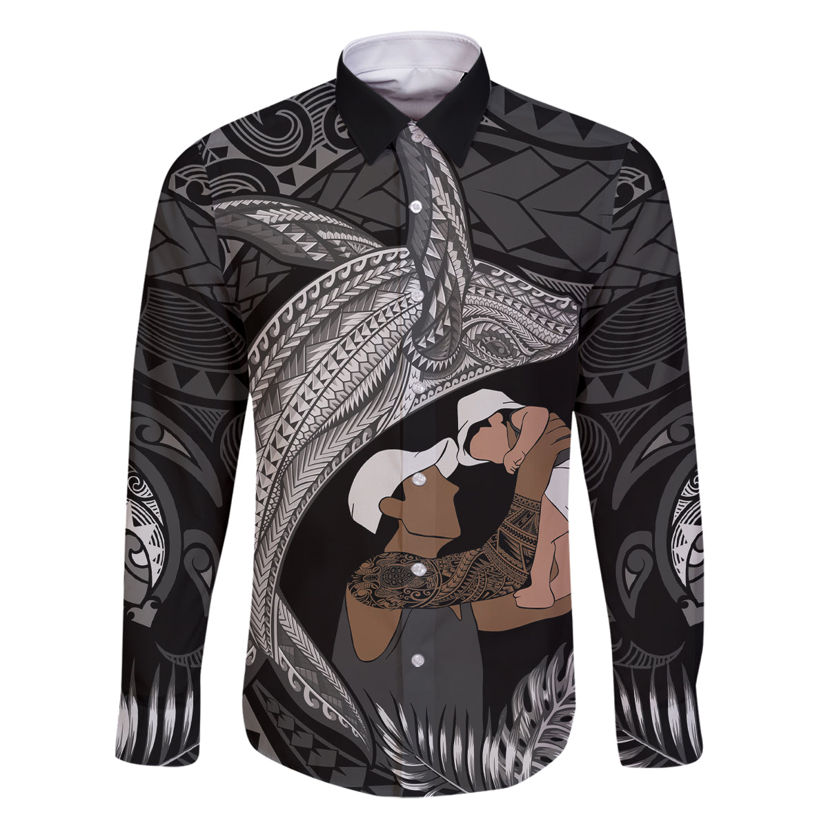 Father's Day Polynesian Pattern Family Matching Off The Shoulder Long Sleeve Dress and Hawaiian Shirt Tropical Humpback Whale - Black