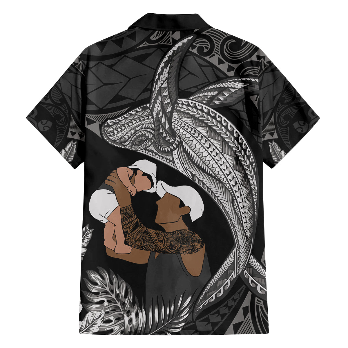 Father's Day Polynesian Pattern Family Matching Tank Maxi Dress and Hawaiian Shirt Tropical Humpback Whale - Black