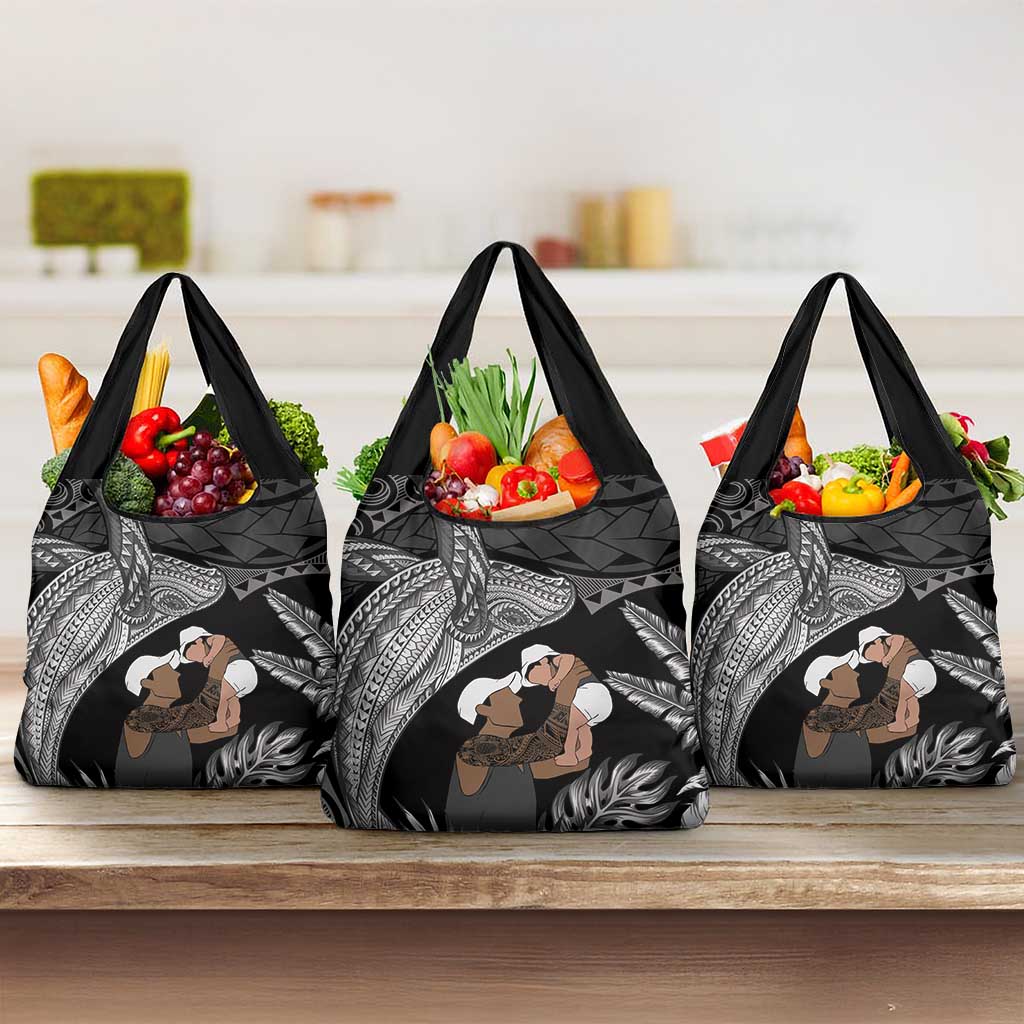 Father's Day Polynesian Pattern Grocery Bag Tropical Humpback Whale - Black