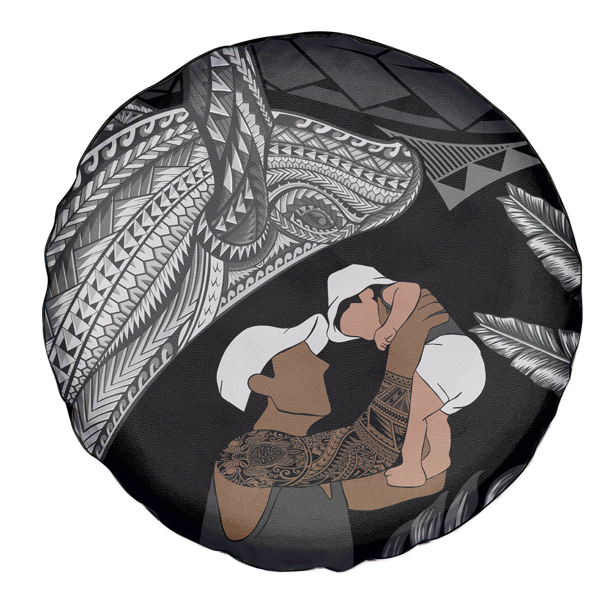 Father's Day Polynesian Pattern Spare Tire Cover Tropical Humpback Whale - Black