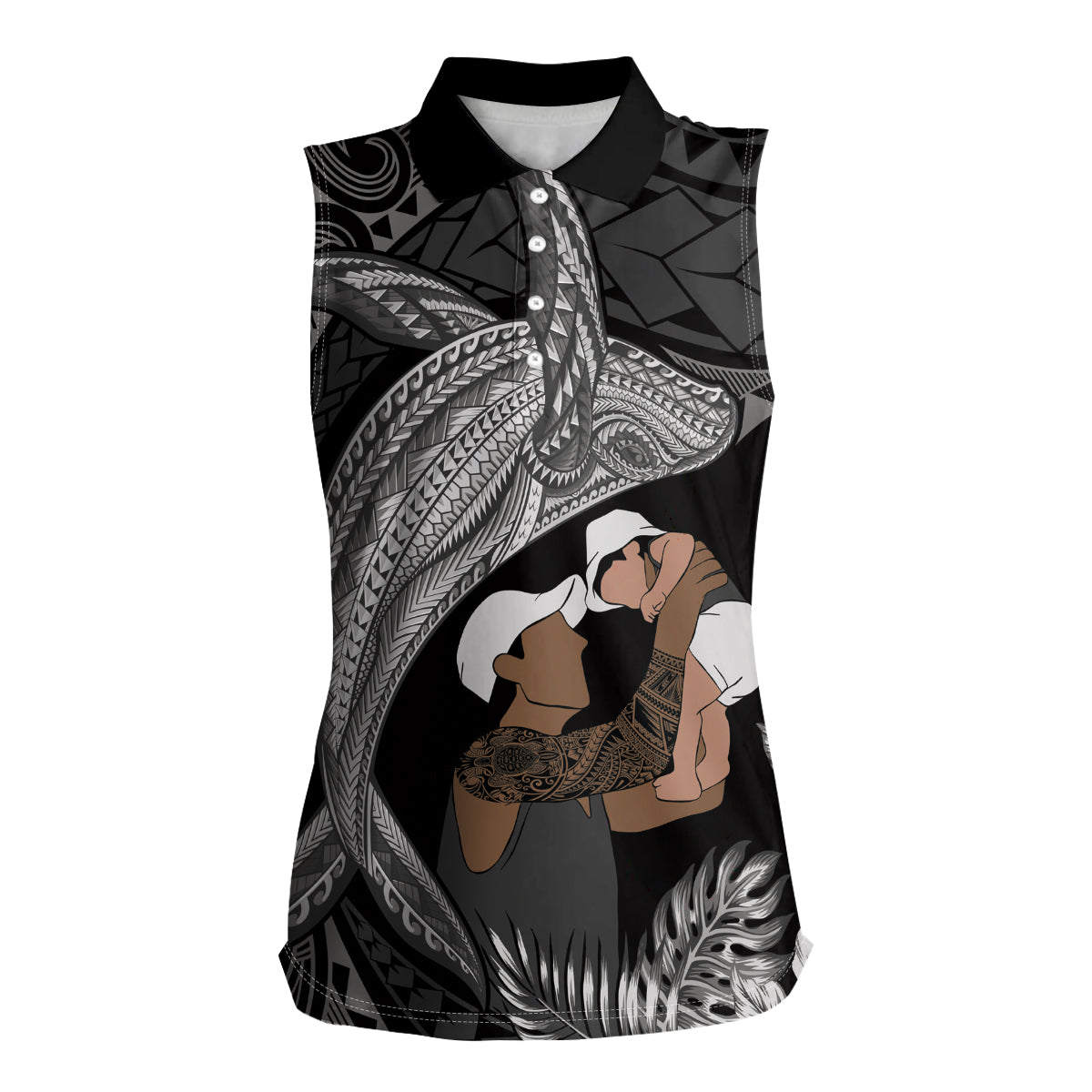 Father's Day Polynesian Pattern Women Sleeveless Polo Shirt Tropical Humpback Whale - Black