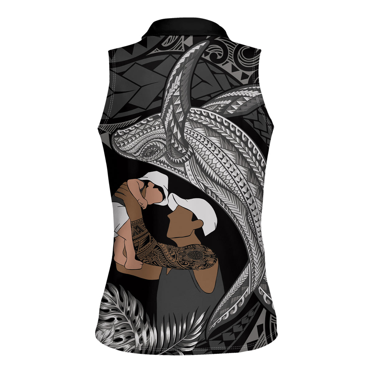 Father's Day Polynesian Pattern Women Sleeveless Polo Shirt Tropical Humpback Whale - Black