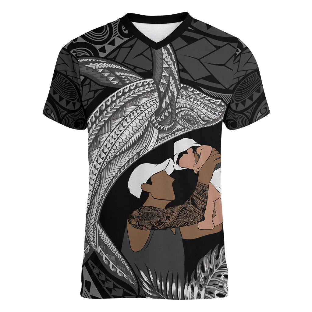 Father's Day Polynesian Pattern Women V-Neck T-Shirt Tropical Humpback Whale - Black