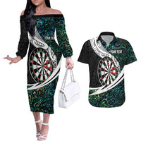 Personalized NZ Darts Couples Matching Off The Shoulder Long Sleeve Dress and Hawaiian Shirt Paua Shell Maori Koru Whakairo - Polynesian Pride