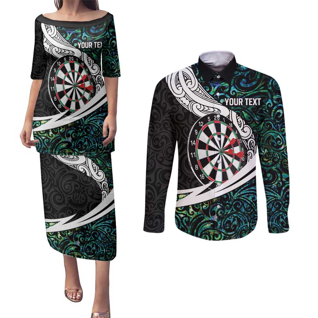 Personalized NZ Darts Couples Matching Puletasi and Long Sleeve Button Shirt Paua Shell Maori Koru Whakairo - Polynesian Pride