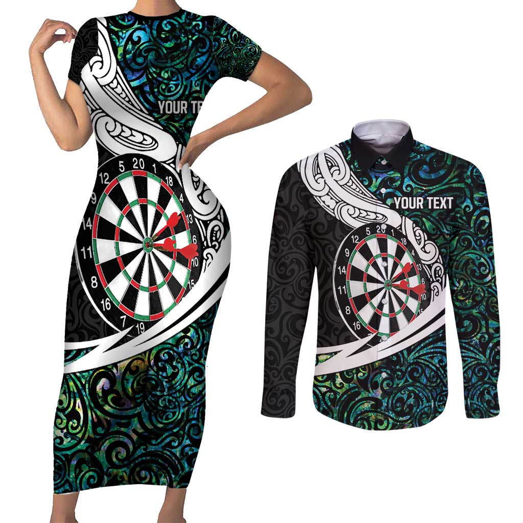 Personalized NZ Darts Couples Matching Short Sleeve Bodycon Dress and Long Sleeve Button Shirt Paua Shell Maori Koru Whakairo - Polynesian Pride