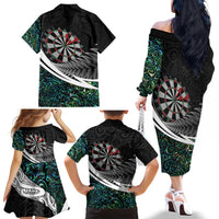 Personalized NZ Darts Family Matching Off The Shoulder Long Sleeve Dress and Hawaiian Shirt Paua Shell Maori Koru Whakairo - Polynesian Pride