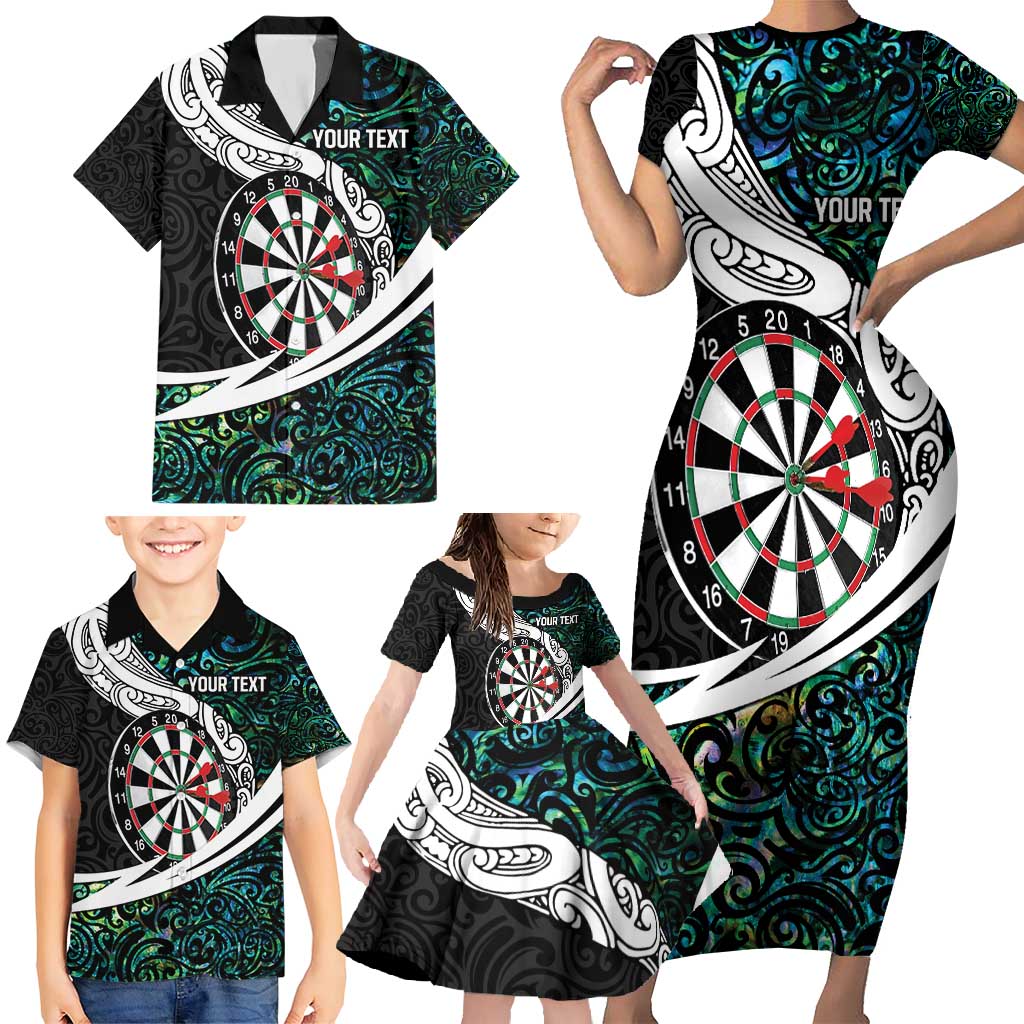Personalized NZ Darts Family Matching Short Sleeve Bodycon Dress and Hawaiian Shirt Paua Shell Maori Koru Whakairo - Polynesian Pride