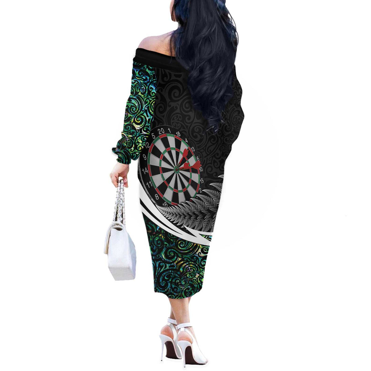 Personalized NZ Darts Off The Shoulder Long Sleeve Dress Paua Shell Maori Koru Whakairo - Polynesian Pride