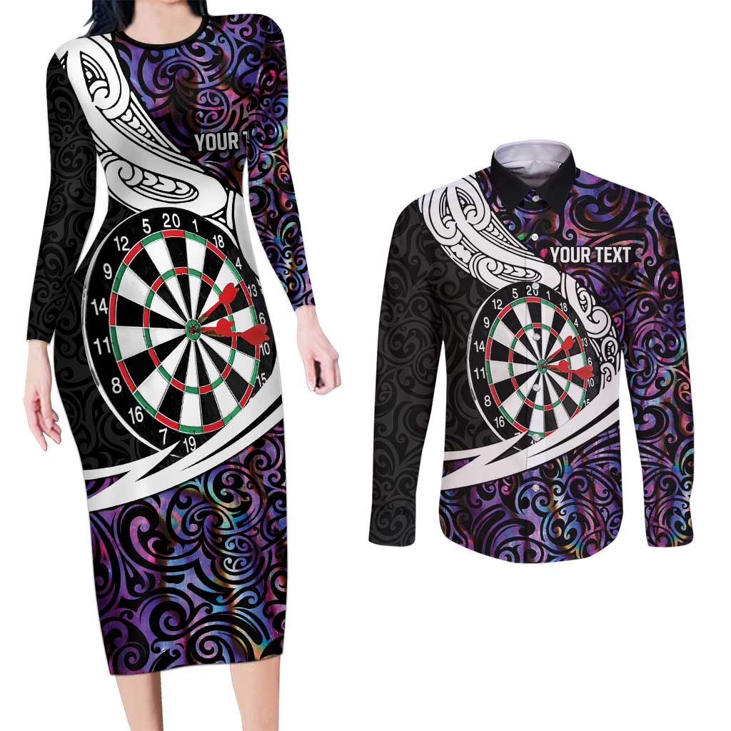 Personalized NZ Darts Couples Matching Long Sleeve Bodycon Dress and Long Sleeve Button Shirt Paua Shell Maori Koru Whakairo - Purple - Polynesian Pride