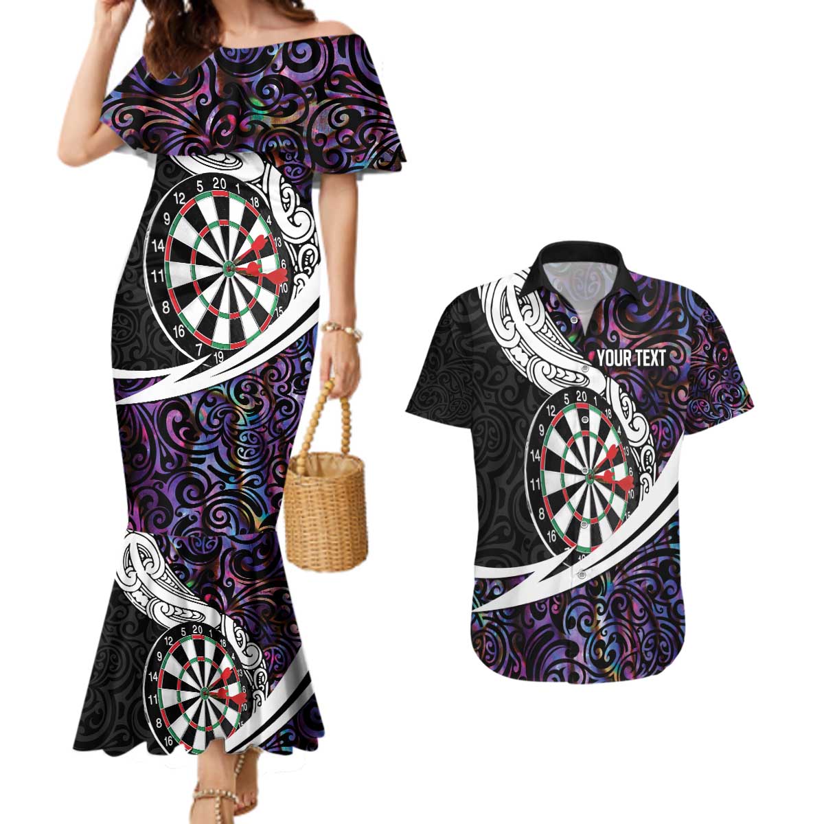 Personalized NZ Darts Couples Matching Mermaid Dress and Hawaiian Shirt Paua Shell Maori Koru Whakairo - Purple - Polynesian Pride