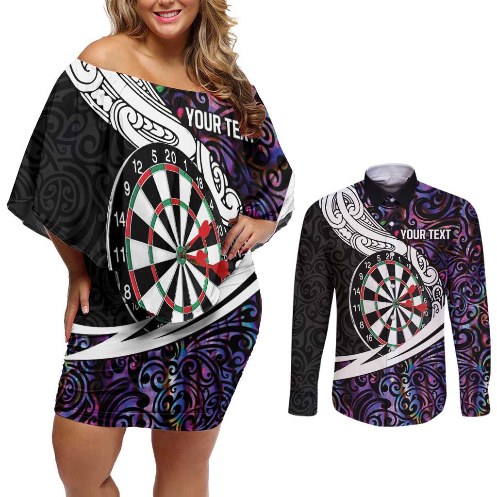 Personalized NZ Darts Couples Matching Off Shoulder Short Dress and Long Sleeve Button Shirt Paua Shell Maori Koru Whakairo - Purple - Polynesian Pride