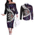 Personalized NZ Darts Couples Matching Off The Shoulder Long Sleeve Dress and Long Sleeve Button Shirt Paua Shell Maori Koru Whakairo - Purple - Polynesian Pride
