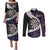 Personalized NZ Darts Couples Matching Puletasi and Long Sleeve Button Shirt Paua Shell Maori Koru Whakairo - Purple - Polynesian Pride