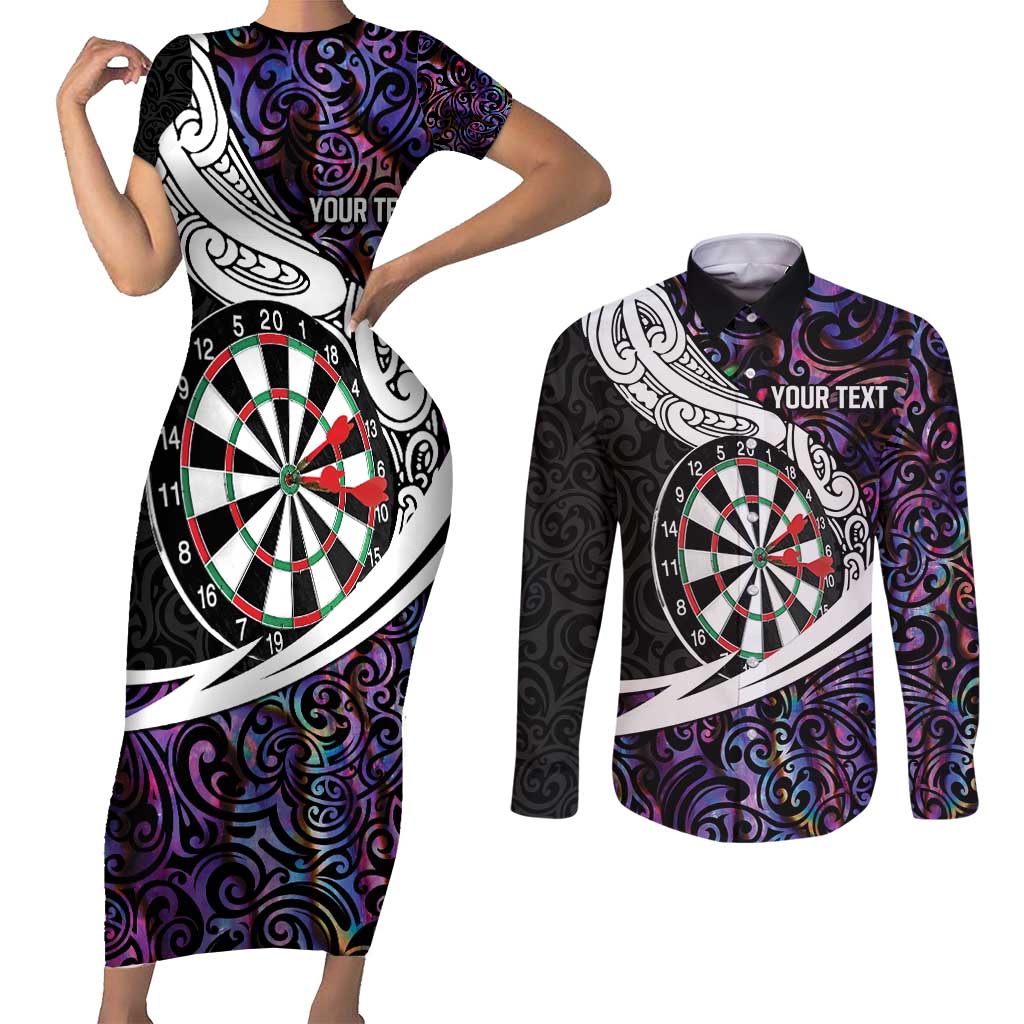 Personalized NZ Darts Couples Matching Short Sleeve Bodycon Dress and Long Sleeve Button Shirt Paua Shell Maori Koru Whakairo - Purple - Polynesian Pride