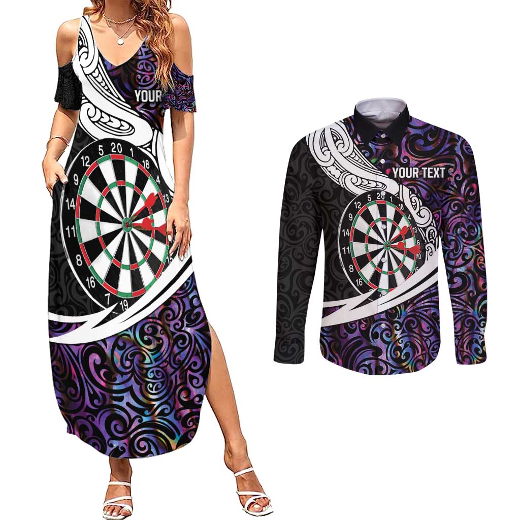 Personalized NZ Darts Couples Matching Summer Maxi Dress and Long Sleeve Button Shirt Paua Shell Maori Koru Whakairo - Purple - Polynesian Pride