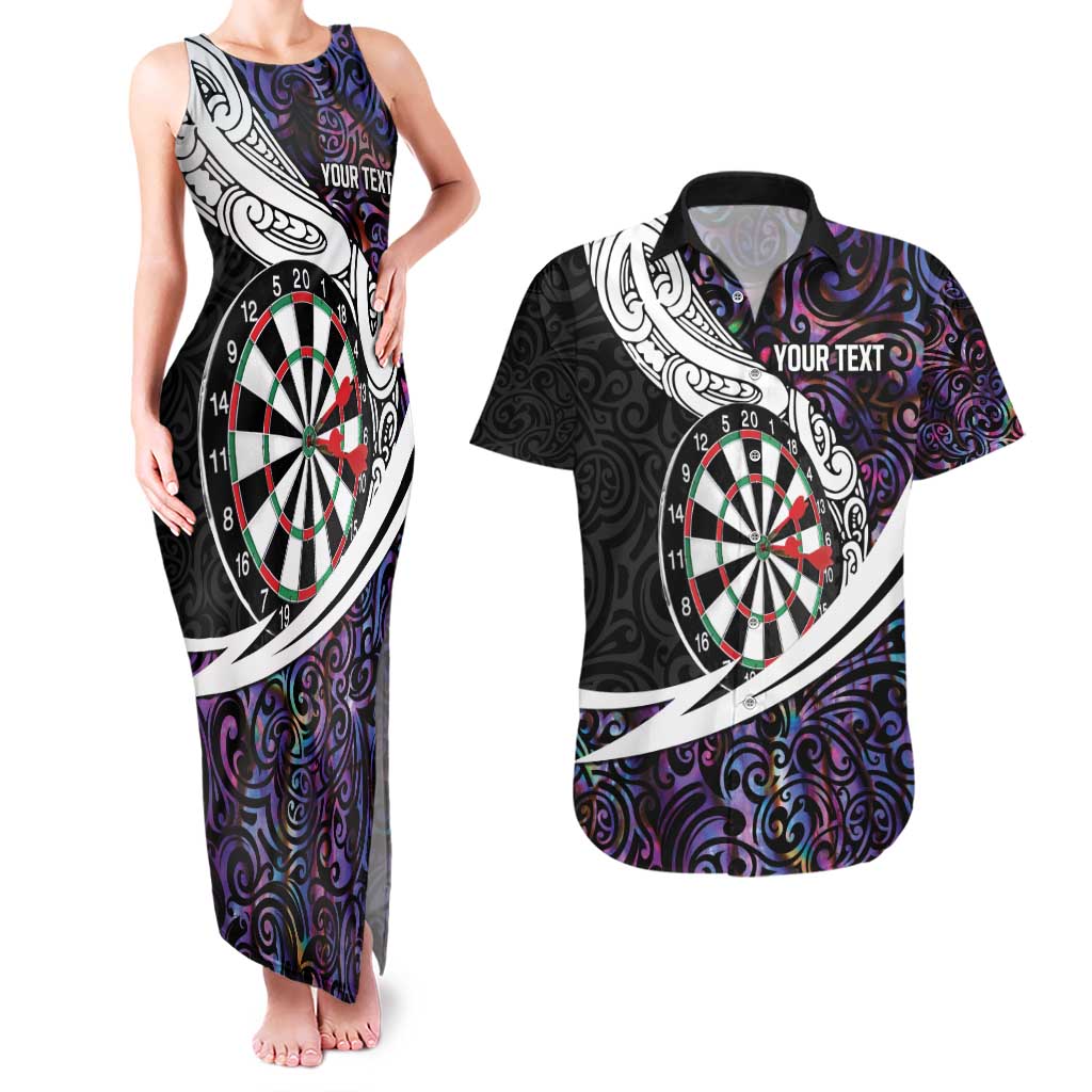 Personalized NZ Darts Couples Matching Tank Maxi Dress and Hawaiian Shirt Paua Shell Maori Koru Whakairo - Purple - Polynesian Pride