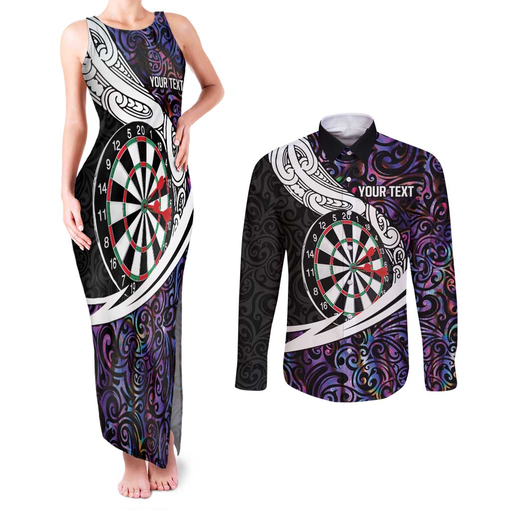 Personalized NZ Darts Couples Matching Tank Maxi Dress and Long Sleeve Button Shirt Paua Shell Maori Koru Whakairo - Purple - Polynesian Pride