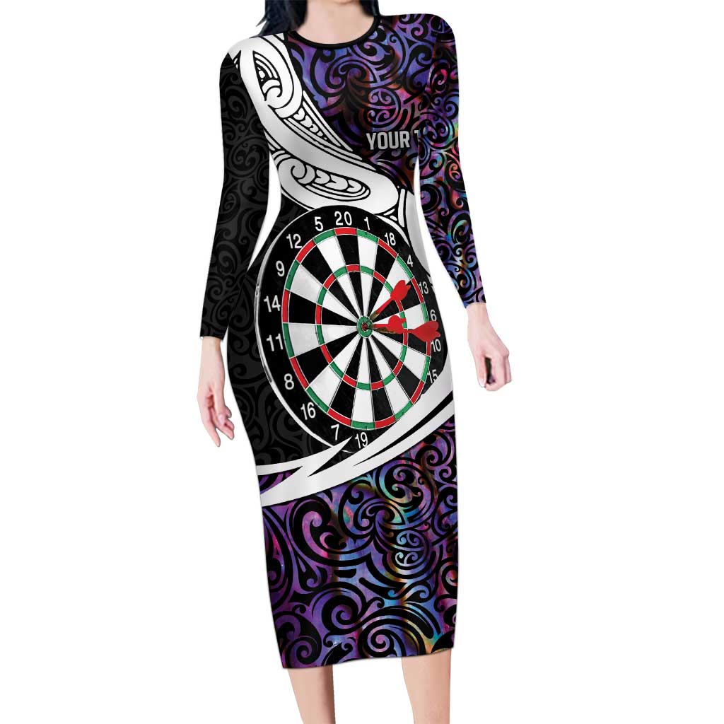 Personalized NZ Darts Family Matching Long Sleeve Bodycon Dress and Hawaiian Shirt Paua Shell Maori Koru Whakairo - Purple - Polynesian Pride