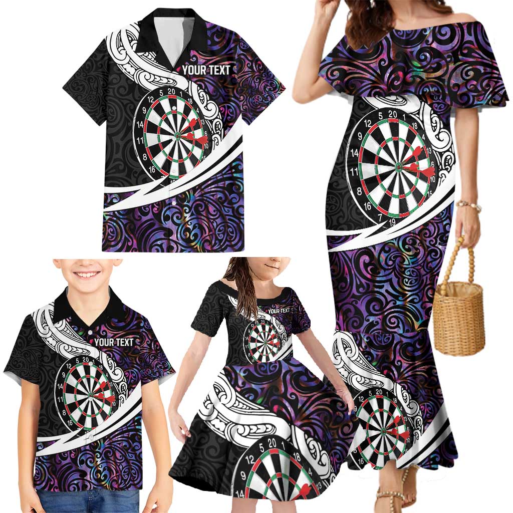 Personalized NZ Darts Family Matching Mermaid Dress and Hawaiian Shirt Paua Shell Maori Koru Whakairo - Purple - Polynesian Pride