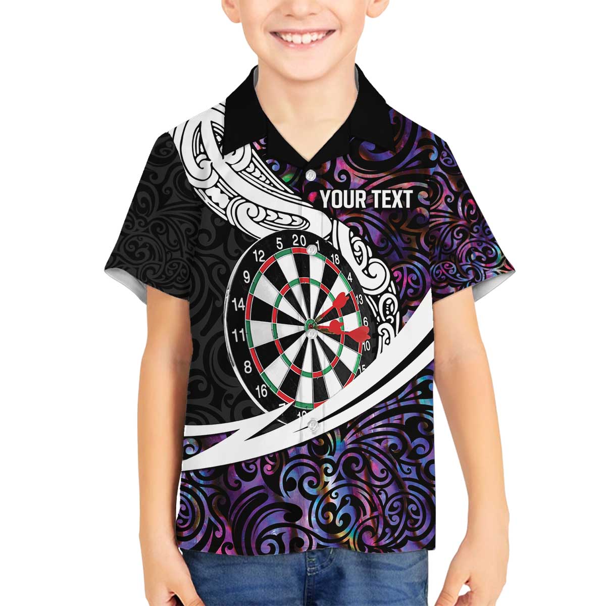 Personalized NZ Darts Family Matching Off The Shoulder Long Sleeve Dress and Hawaiian Shirt Paua Shell Maori Koru Whakairo - Purple - Polynesian Pride