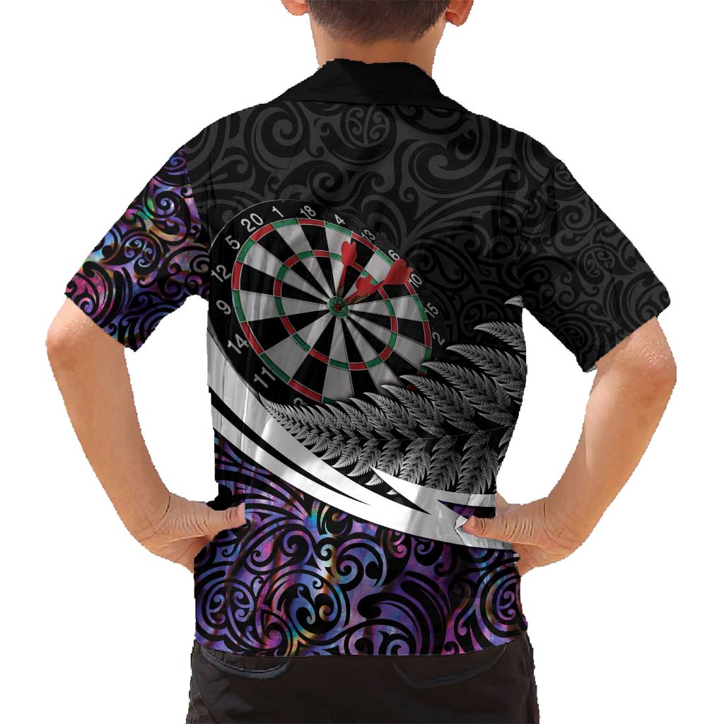 Personalized NZ Darts Family Matching Off Shoulder Short Dress and Hawaiian Shirt Paua Shell Maori Koru Whakairo - Purple LT7 - Polynesian Pride