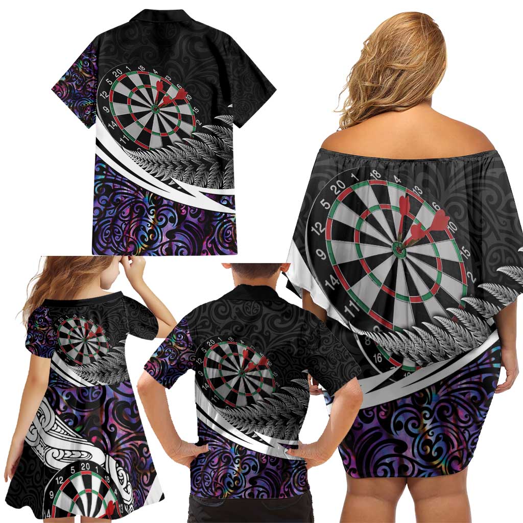Personalized NZ Darts Family Matching Off Shoulder Short Dress and Hawaiian Shirt Paua Shell Maori Koru Whakairo - Purple LT7 - Polynesian Pride