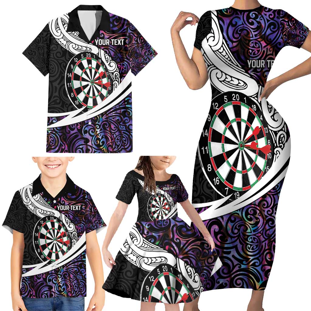 Personalized NZ Darts Family Matching Short Sleeve Bodycon Dress and Hawaiian Shirt Paua Shell Maori Koru Whakairo - Purple - Polynesian Pride