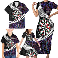 Personalized NZ Darts Family Matching Short Sleeve Bodycon Dress and Hawaiian Shirt Paua Shell Maori Koru Whakairo - Purple - Polynesian Pride