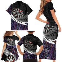 Personalized NZ Darts Family Matching Short Sleeve Bodycon Dress and Hawaiian Shirt Paua Shell Maori Koru Whakairo - Purple - Polynesian Pride