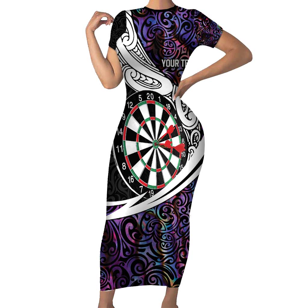 Personalized NZ Darts Family Matching Short Sleeve Bodycon Dress and Hawaiian Shirt Paua Shell Maori Koru Whakairo - Purple - Polynesian Pride