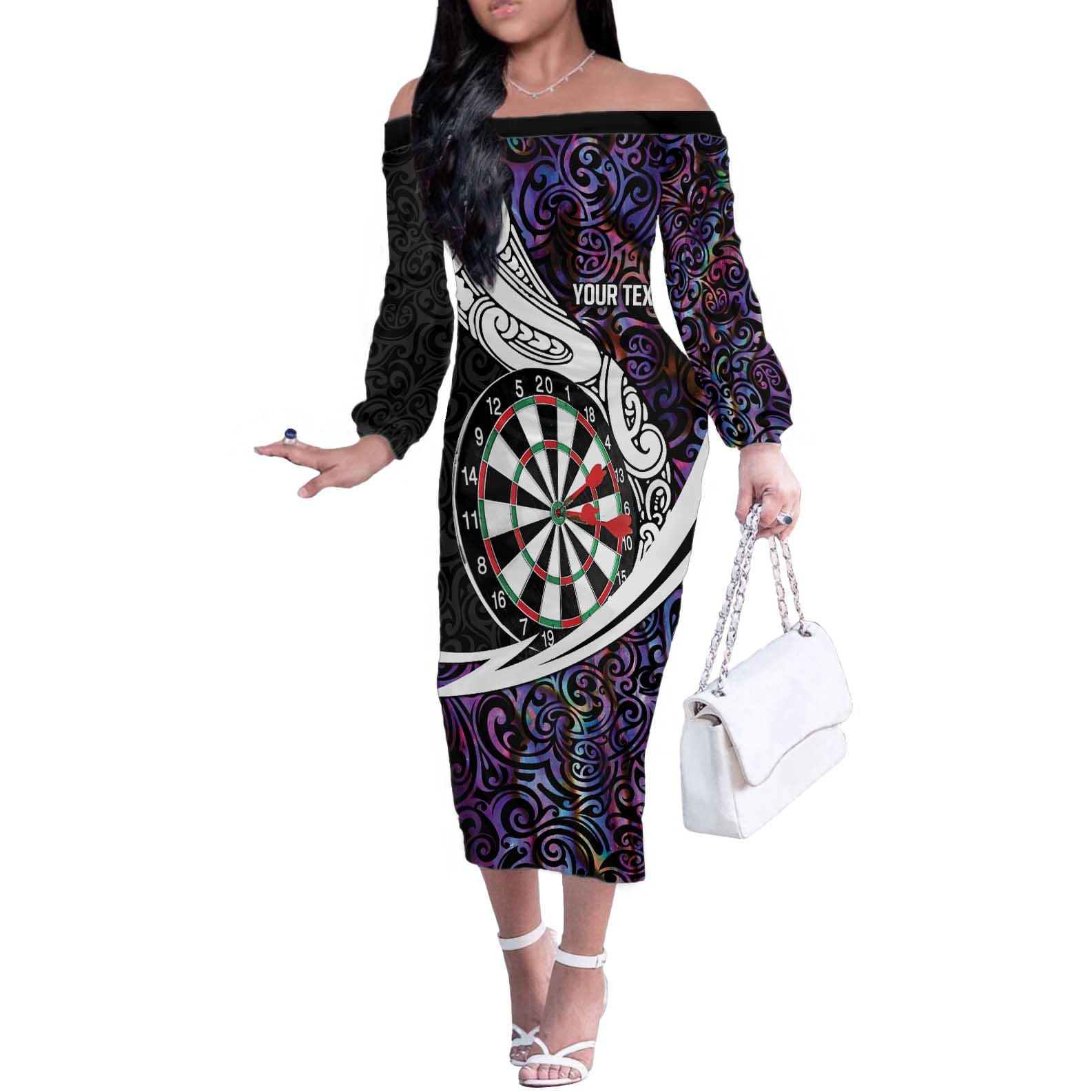 Personalized NZ Darts Off The Shoulder Long Sleeve Dress Paua Shell Maori Koru Whakairo - Purple - Polynesian Pride