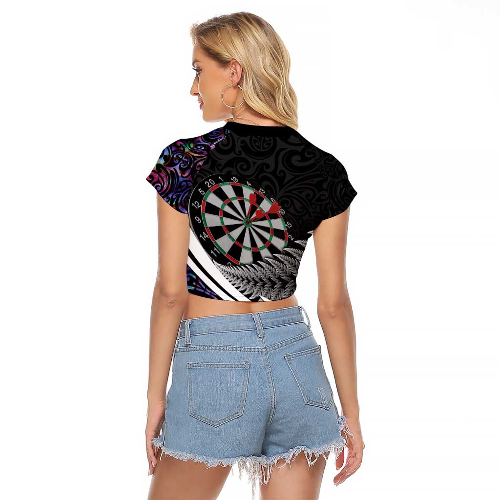 Personalized NZ Darts Raglan Cropped T Shirt Paua Shell Maori Koru Whakairo - Purple - Polynesian Pride