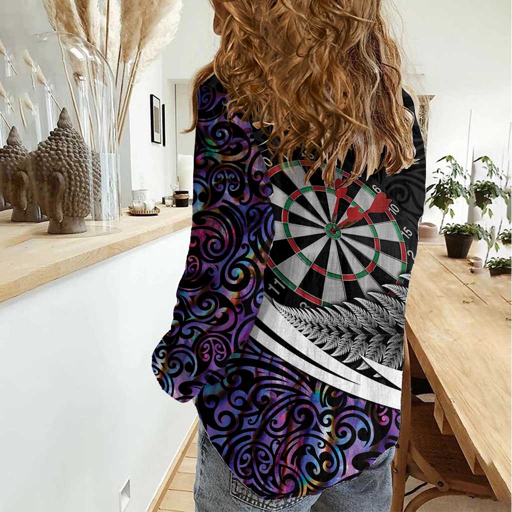 Personalized NZ Darts Women Casual Shirt Paua Shell Maori Koru Whakairo - Purple - Polynesian Pride
