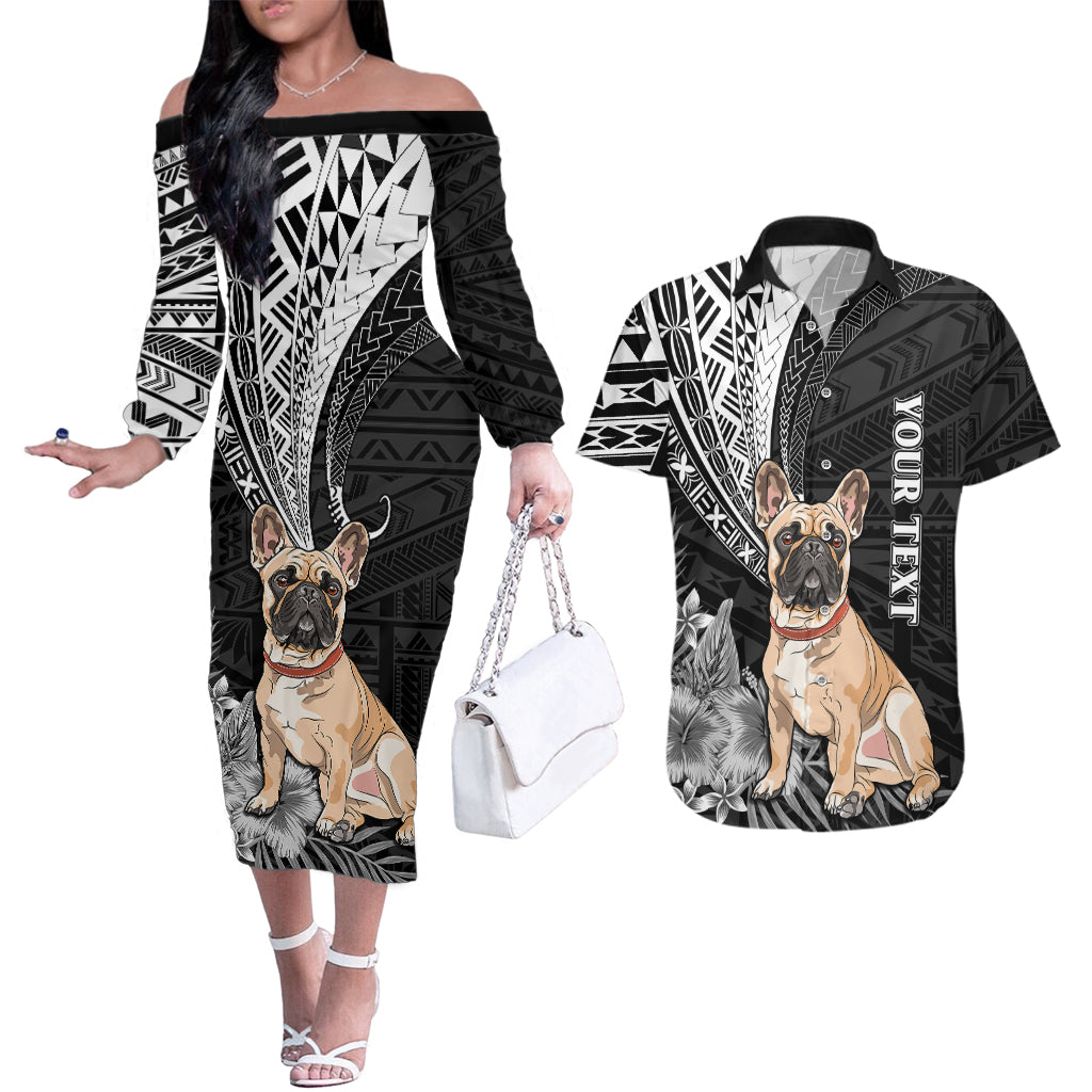 Personalised Polynesian Couples Matching Off The Shoulder Long Sleeve Dress and Hawaiian Shirt Bulldog With Polynesian Patterns LT7 Black - Polynesian Pride