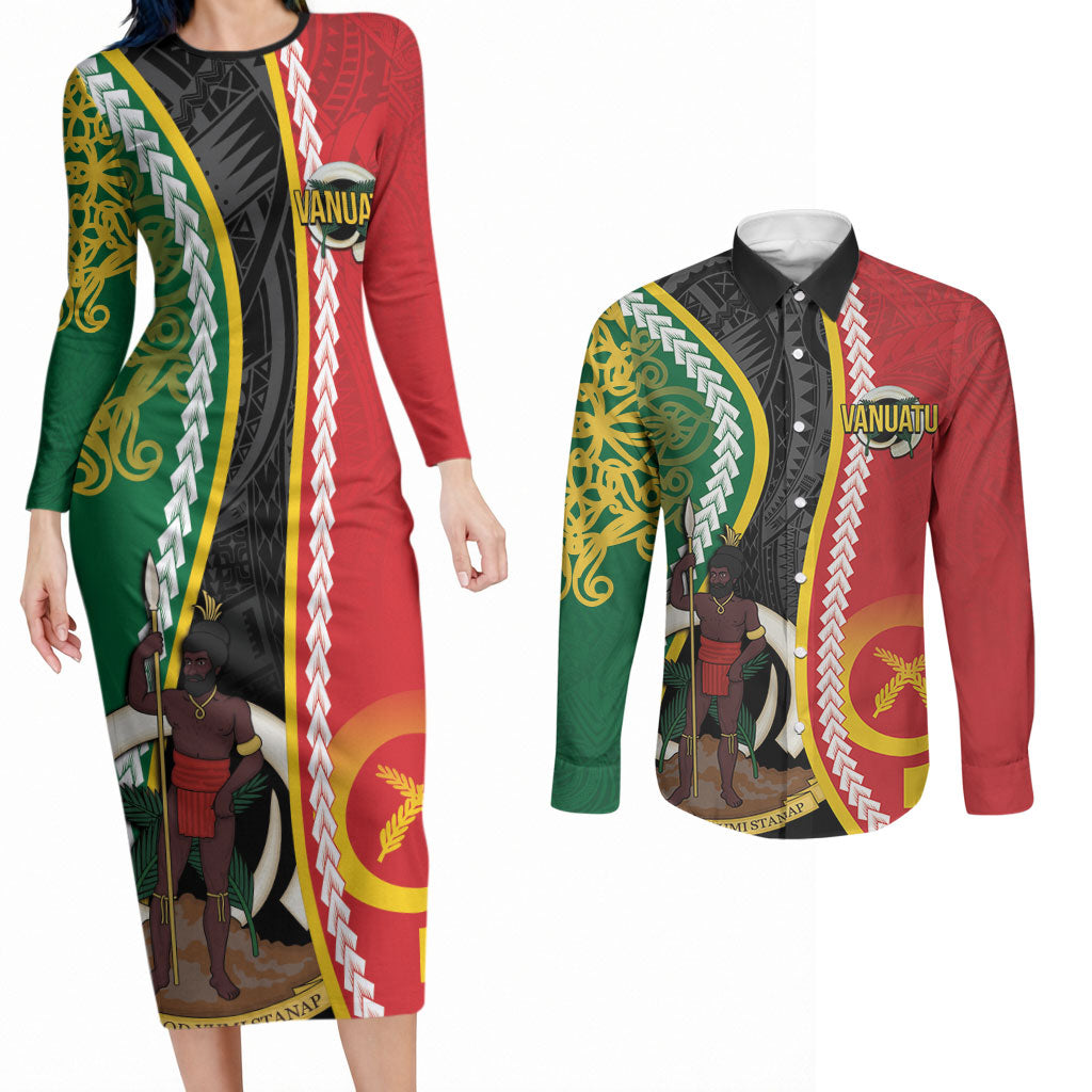 Ni-Vanuatu Indipendens Dei Celebretem Couples Matching Long Sleeve Bodycon Dress and Long Sleeve Button Shirt Yumi Yumi Yumi
