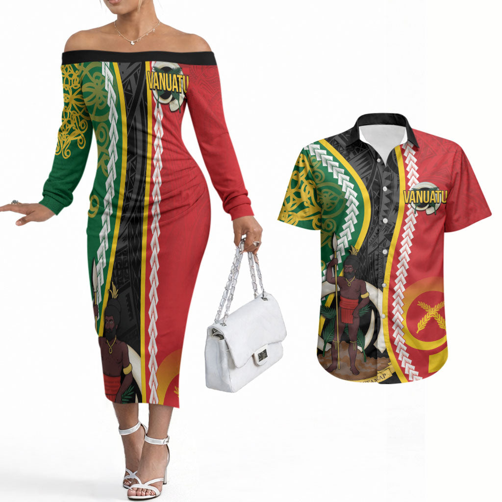 Ni-Vanuatu Indipendens Dei Celebretem Couples Matching Off The Shoulder Long Sleeve Dress and Hawaiian Shirt Yumi Yumi Yumi